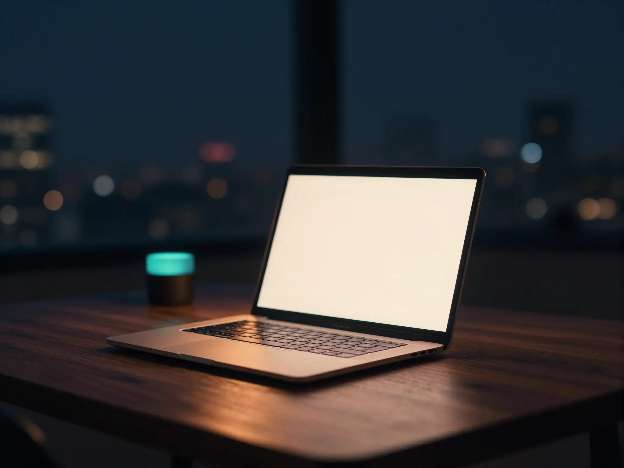 Open laptop glowing on a wooden desk at night, blurred city skyline behind.